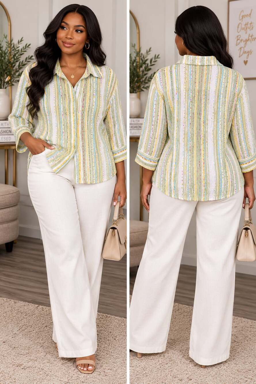 Coastal Preppy Pastel Striped Textured Button Down Blouse 3X Breckenridge